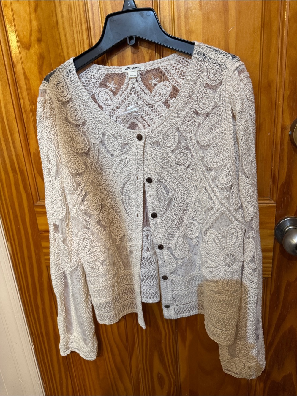 Ultra Pink Light Cream Crochet Button-Front Cardigan